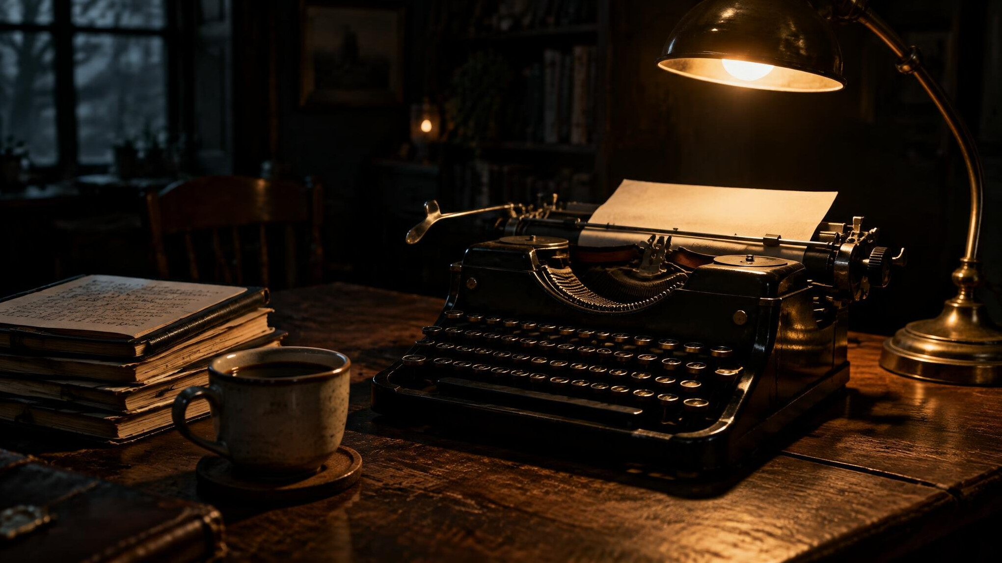 Vintage typewriter on a wooden desk with a dim desk lamp and notebooks