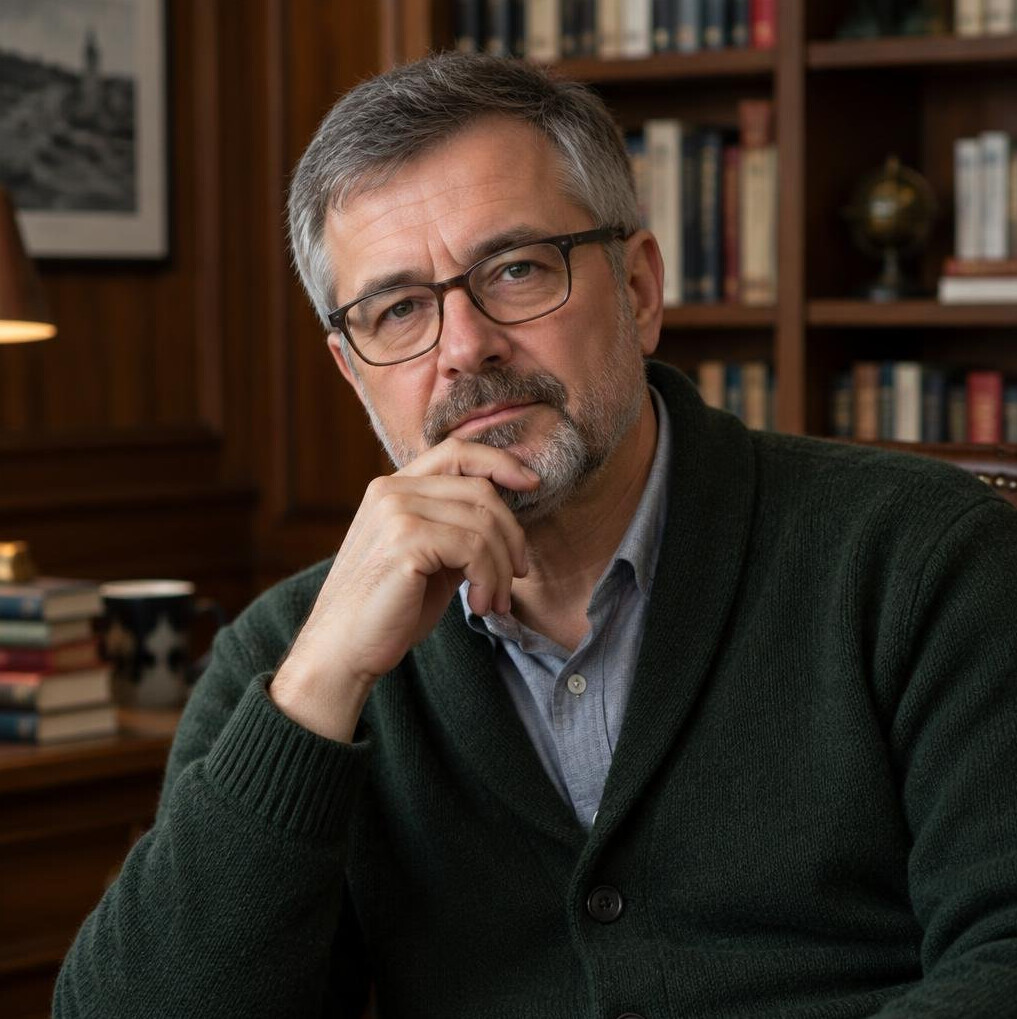 Portrait of a Croatian male mystery writer in his fifties wearing glasses and a dark cardigan, seated in a study